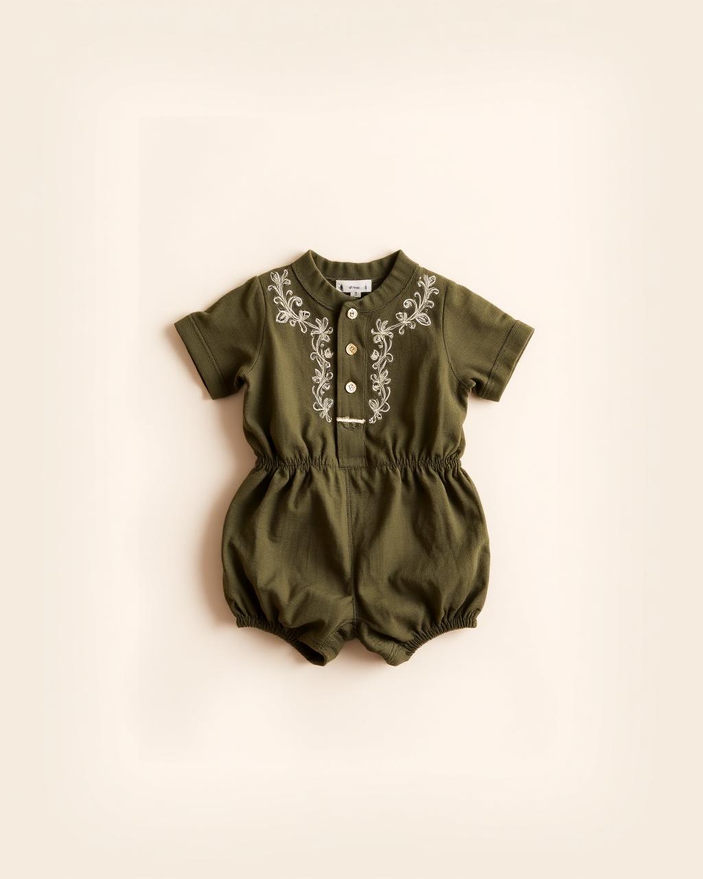 Olive Buddy — Boys — House · Z-Vibe Baby Linen Heritage™ seven-view specification plate; showing 01 Front, 02 Left, 03 Right, 04 Back, 05 Interior, 06 Inner tags, 07 Fabric detail. — 01 Front, Olive