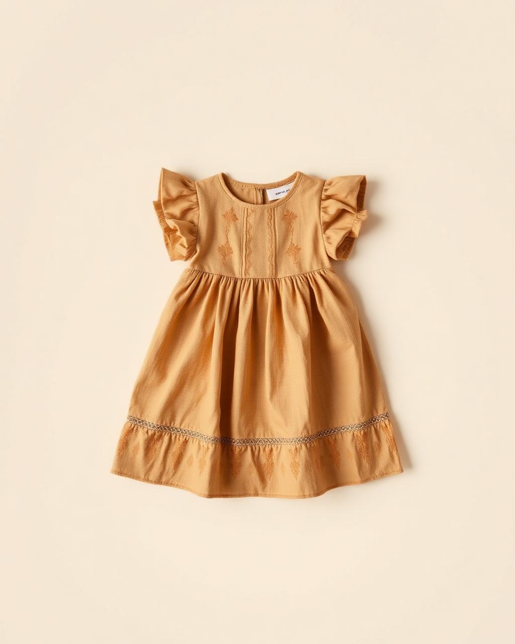 Golden Honey — Girls — House · Z-Vibe Baby Linen Heritage™ seven-view specification plate; showing 01 Front, 02 Left, 03 Right, 04 Back, 05 Interior, 06 Inner tags, 07 Fabric detail. — 01 Front, Honey Gold
