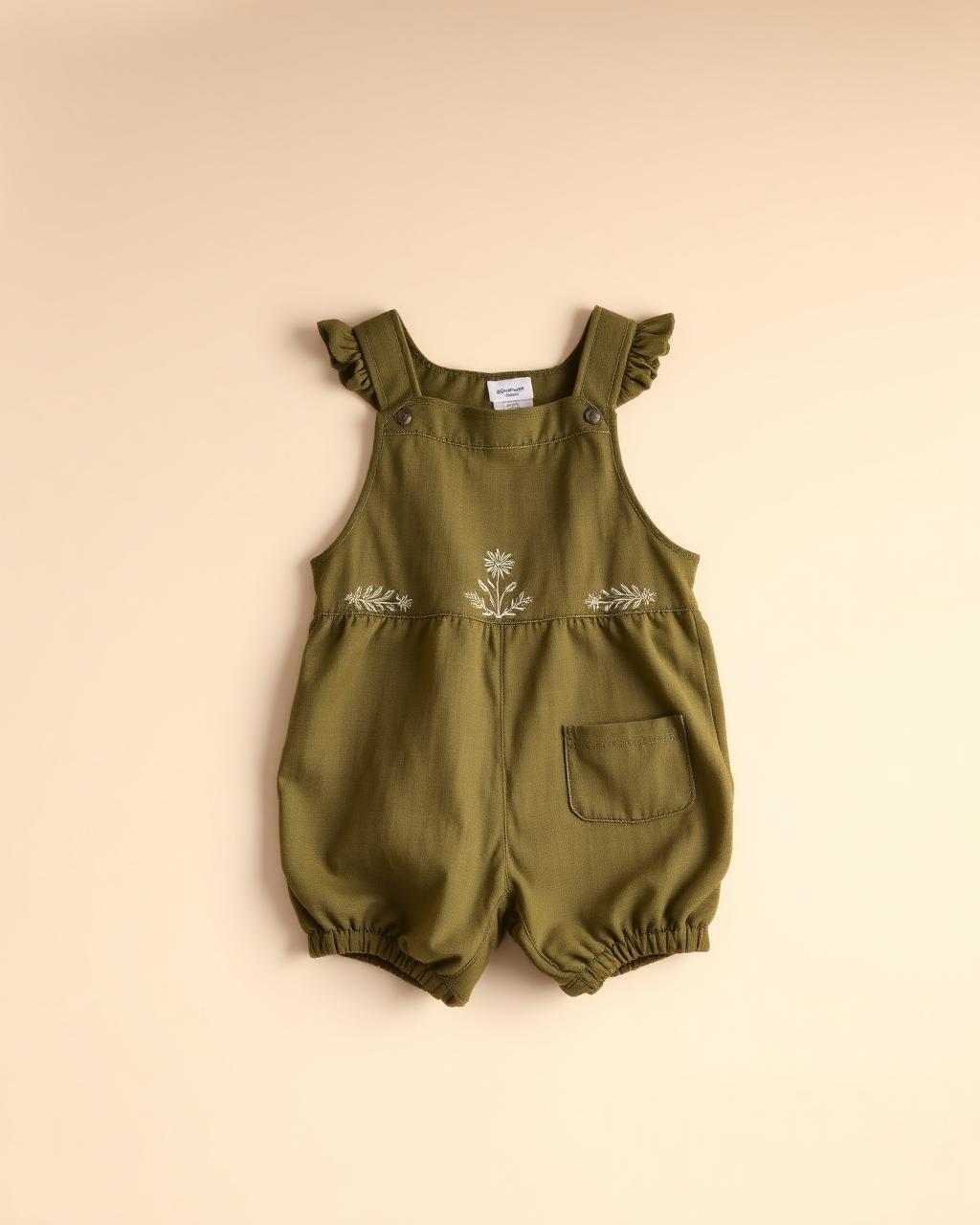 Olive Petal — Girls — House · Z-Vibe Baby Linen Heritage™ seven-view specification plate; showing 01 Front, 02 Left, 03 Right, 04 Back, 05 Interior, 06 Inner tags, 07 Fabric detail. — 01 Front, Olive