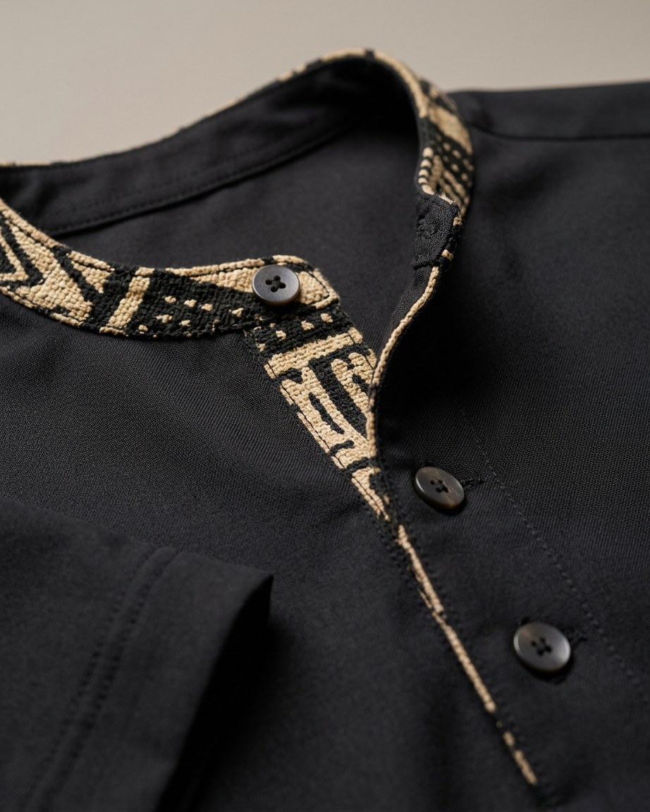 Black Legacy Tee — Men, 07 Fabric detail (view 7 of 7). Fabric detail: close study of the cloth, hand-printed mudcloth motif and stitching.
