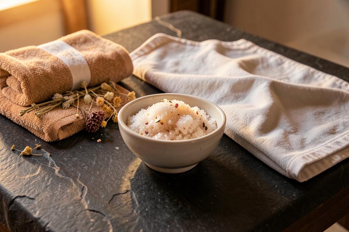 Salt scrub, dried botanicals and warm towels set for a body ritual