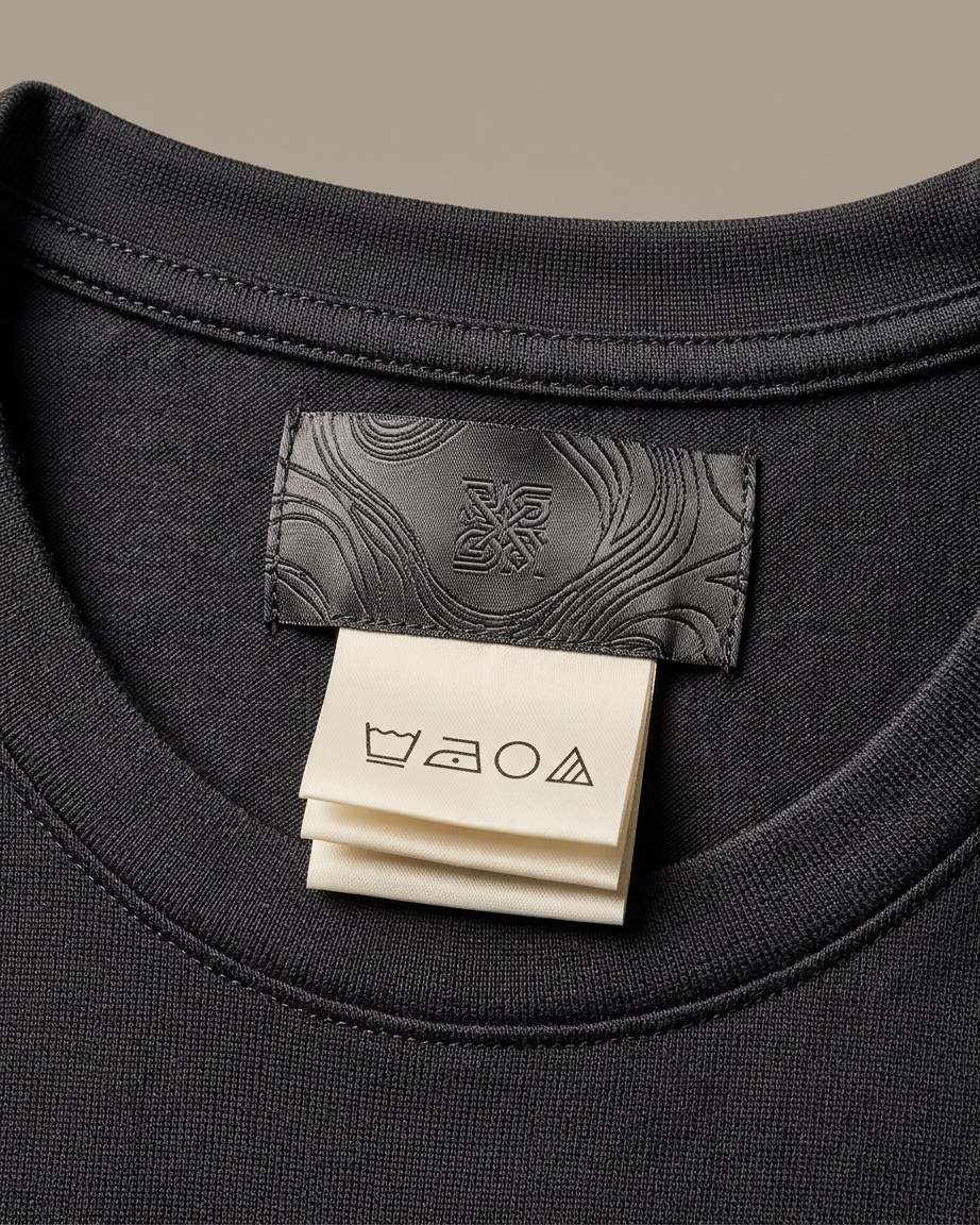 Bogolan Edge Tee — Men, 06 Inner tags (view 6 of 7). Inner tags: size scale, atelier reference and care instructions.