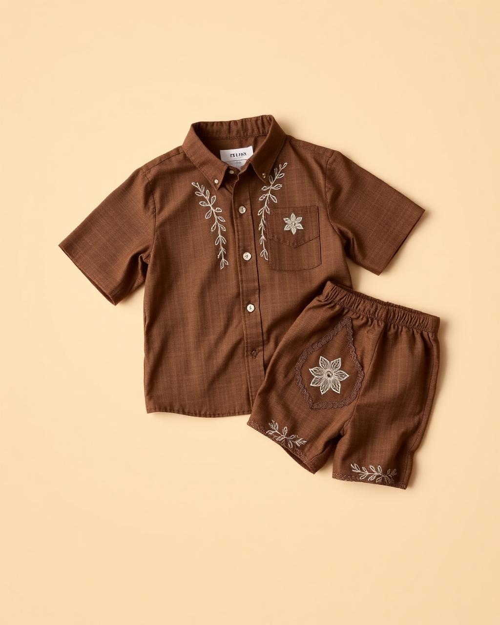 Coffee Roots — Boys — House · Z-Vibe Children Linen Heritage™ seven-view specification plate; showing 01 Front, 02 Left, 03 Right, 04 Back, 05 Interior, 06 Inner tags, 07 Fabric detail. — 01 Front, Coffee