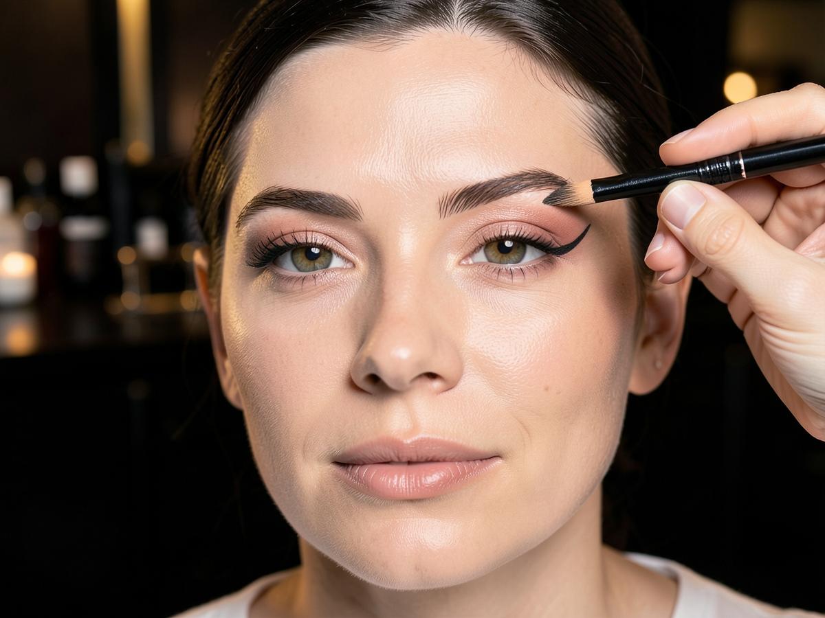 Brow artist mapping and shaping a client's eyebrow with a pencil