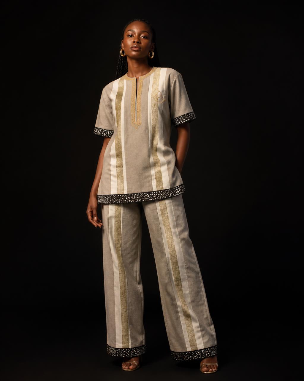 Stone Stripe Set — worn view of the collection look