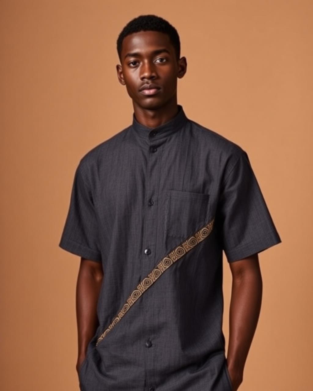 Charcoal Asymmetric Panel Shirt — Men — House · Z-VIBE LINEN HERITAGE SHIRTS™ seven-view specification plate; showing 01 Front, 02 Left, 03 Right, 04 Back, 05 Interior, 06 Inner tags, 07 Fabric detail. — 01 Front, Charcoal Ash