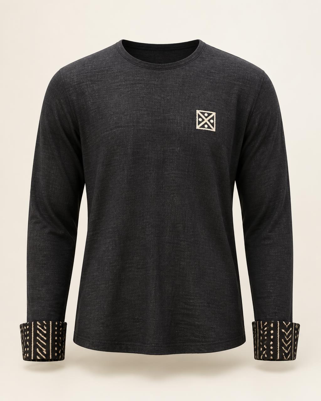 Charcoal Cuff Tee — Men — House · Z-VIBE LINEN EMBROIDERY MAISON™ seven-view specification plate; showing 01 Front, 02 Left, 03 Right, 04 Back, 05 Interior, 06 Inner tags, 07 Fabric detail. — 01 Front, Charcoal