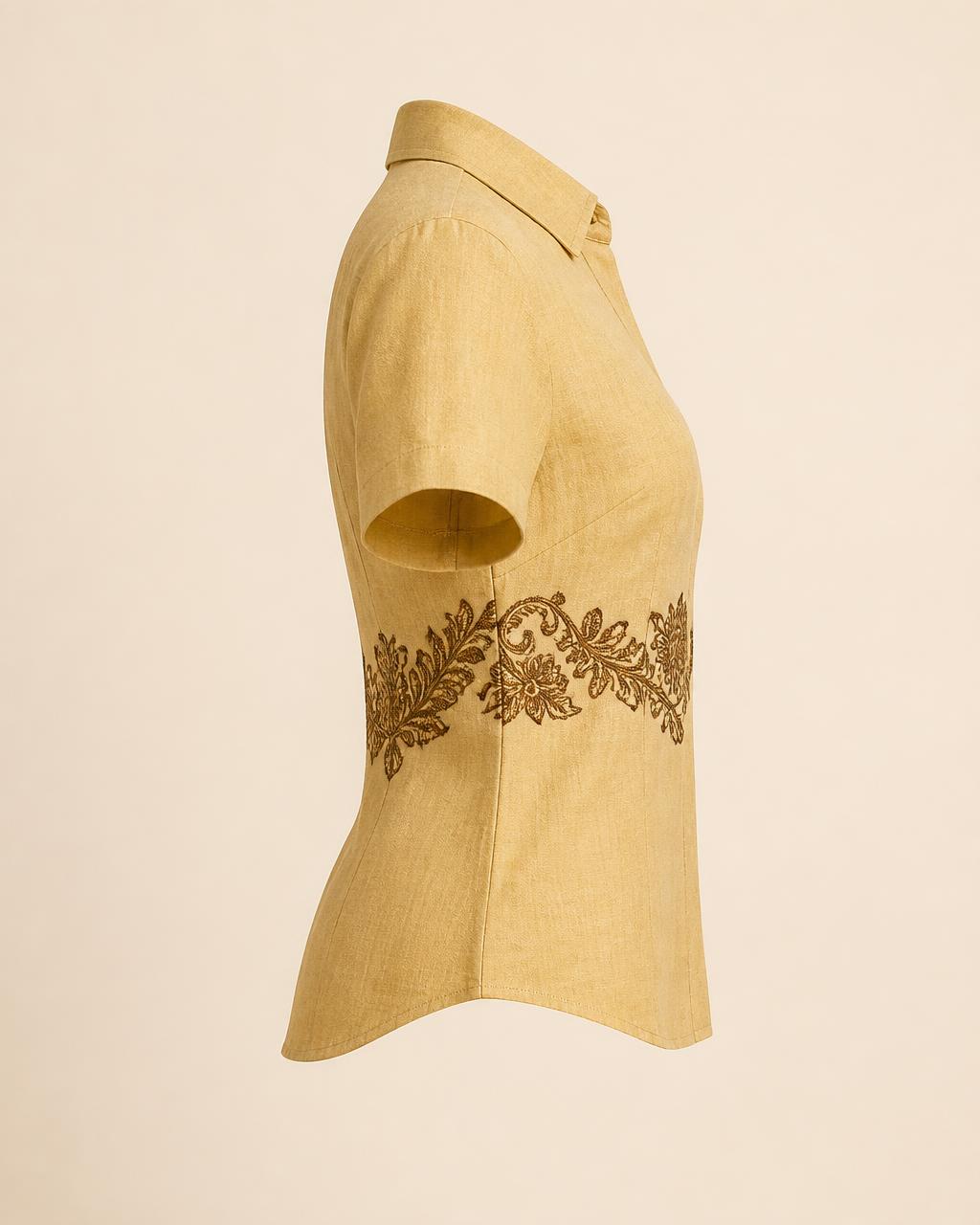 Chest Rail Linen Shirt — Women, 02 Left (view 2 of 7). Left profile: shoulder line, sleeve fall and the outer seam trim.