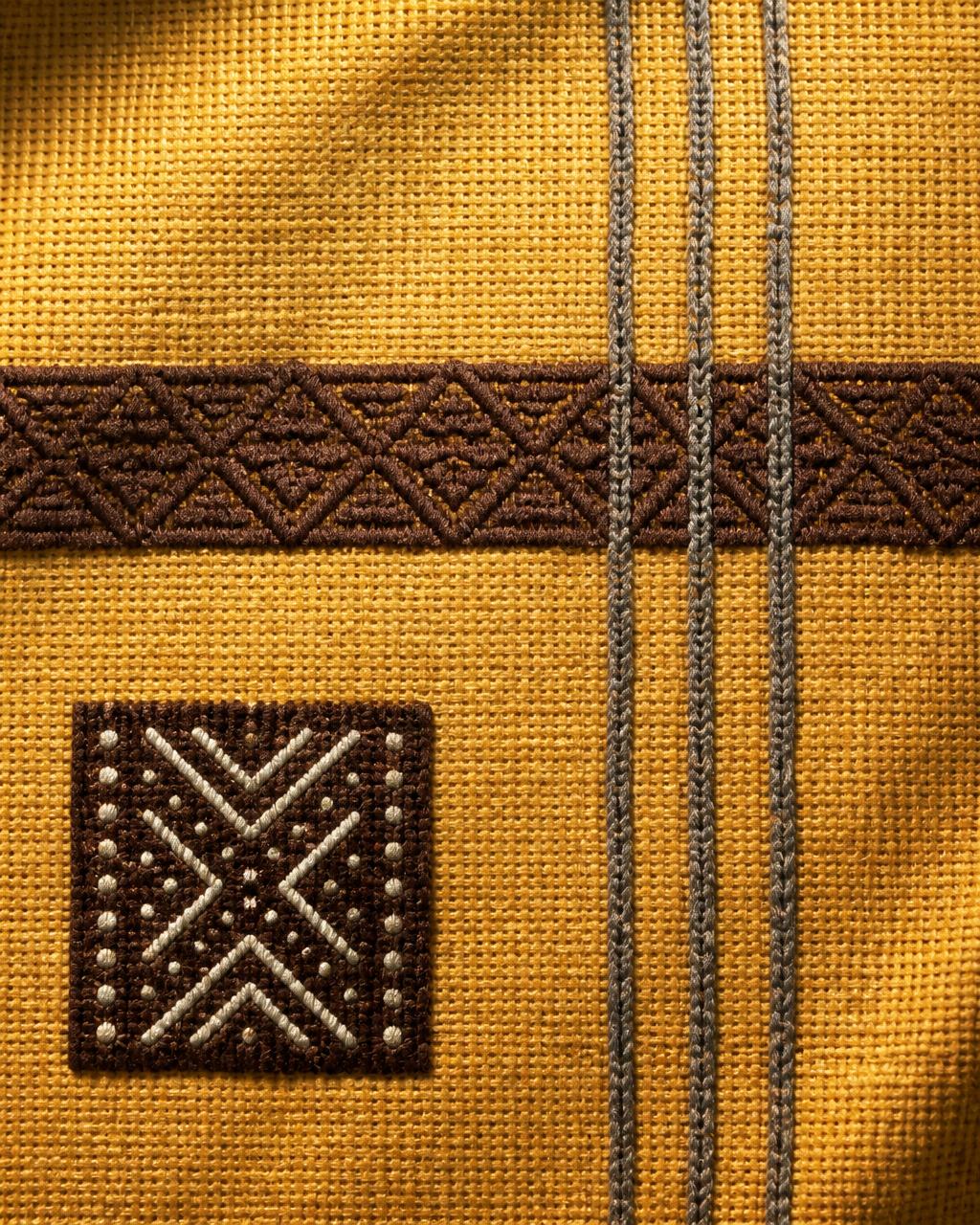 Chest Rail Linen Shirt — Women, 07 Fabric detail (view 7 of 7). Fabric detail: close study of the cloth, hand-printed mudcloth motif and stitching.