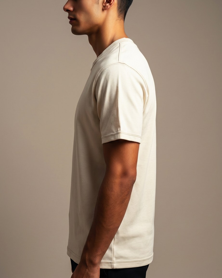 Classic Linen Tee — Men, 02 Left (view 2 of 7). Left profile: shoulder line, sleeve fall and the outer seam trim.