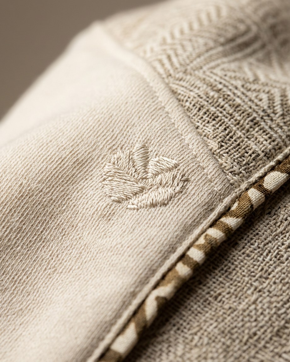 Classic Linen Tee — Men, 07 Fabric detail (view 7 of 7). Fabric detail: close study of the cloth, hand-printed mudcloth motif and stitching.