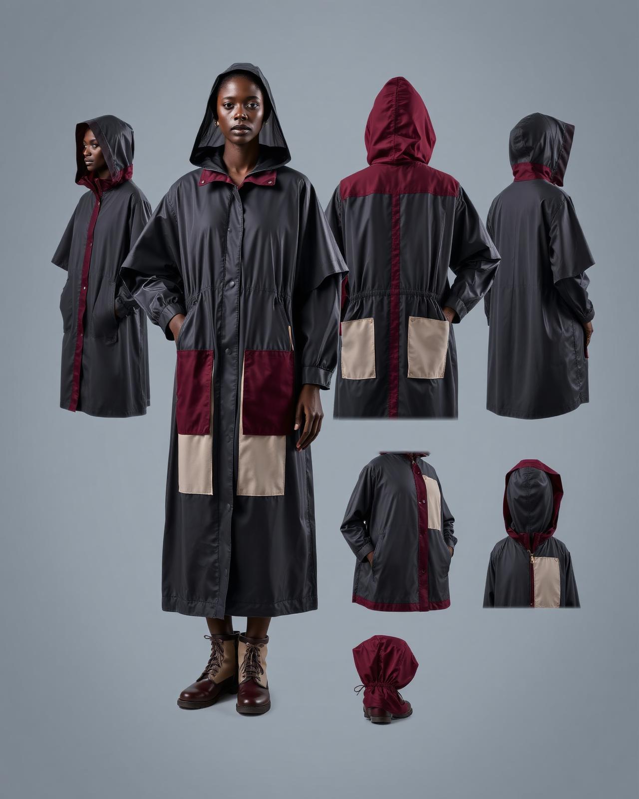 Clear Horizon Storm Cape — Women — House · Global Heritage Fusion seven-view specification plate; showing 01 Front, 02 Left, 03 Right, 04 Back, 05 Interior, 06 Inner tags, 07 Fabric detail. — 01 Front, Ivory / Bogolan