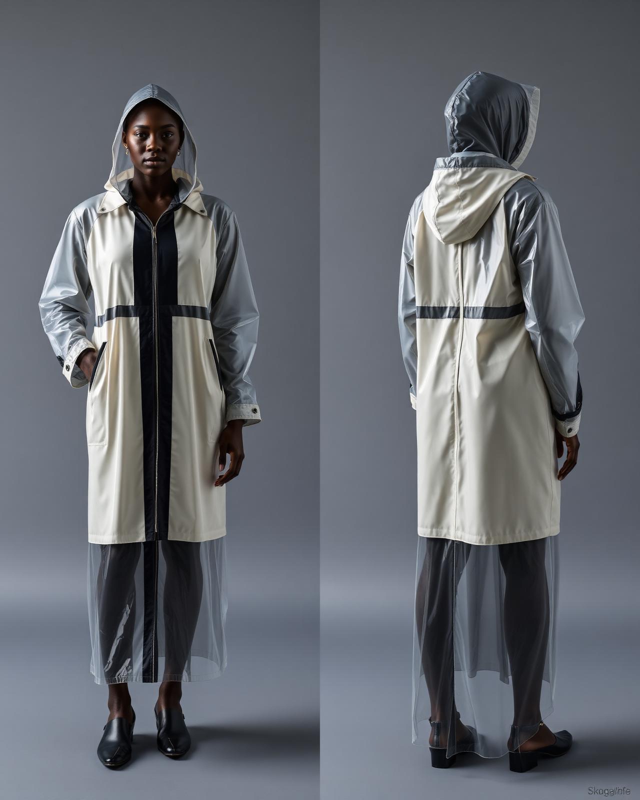 Clear Horizon Rain Shell — Women — House · Global Heritage Fusion seven-view specification plate; showing 01 Front, 02 Left, 03 Right, 04 Back, 05 Interior, 06 Inner tags, 07 Fabric detail. — 01 Front, Ivory / Bogolan