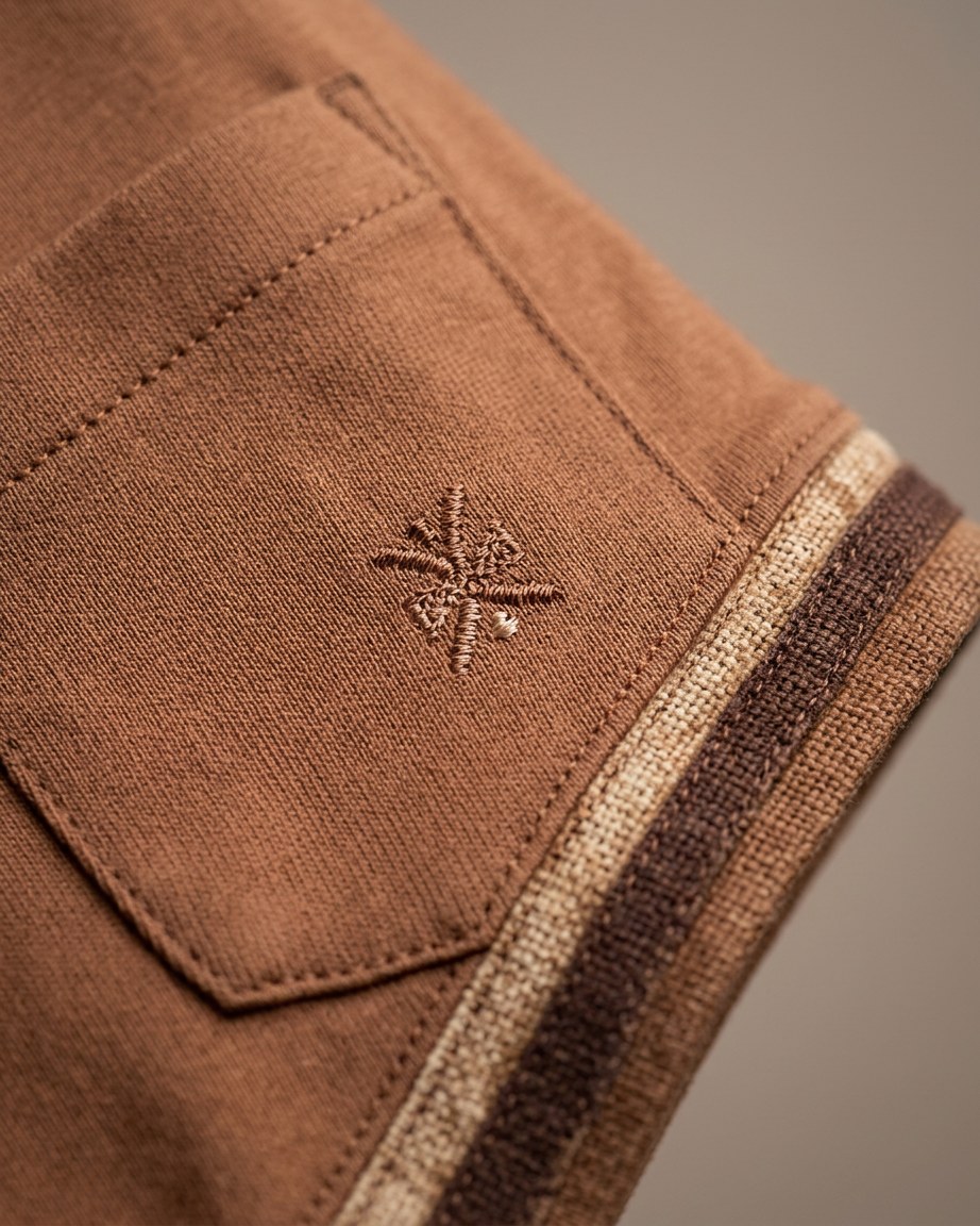 Coffee Culture Tee — Men, 07 Fabric detail (view 7 of 7). Fabric detail: close study of the cloth, hand-printed mudcloth motif and stitching.