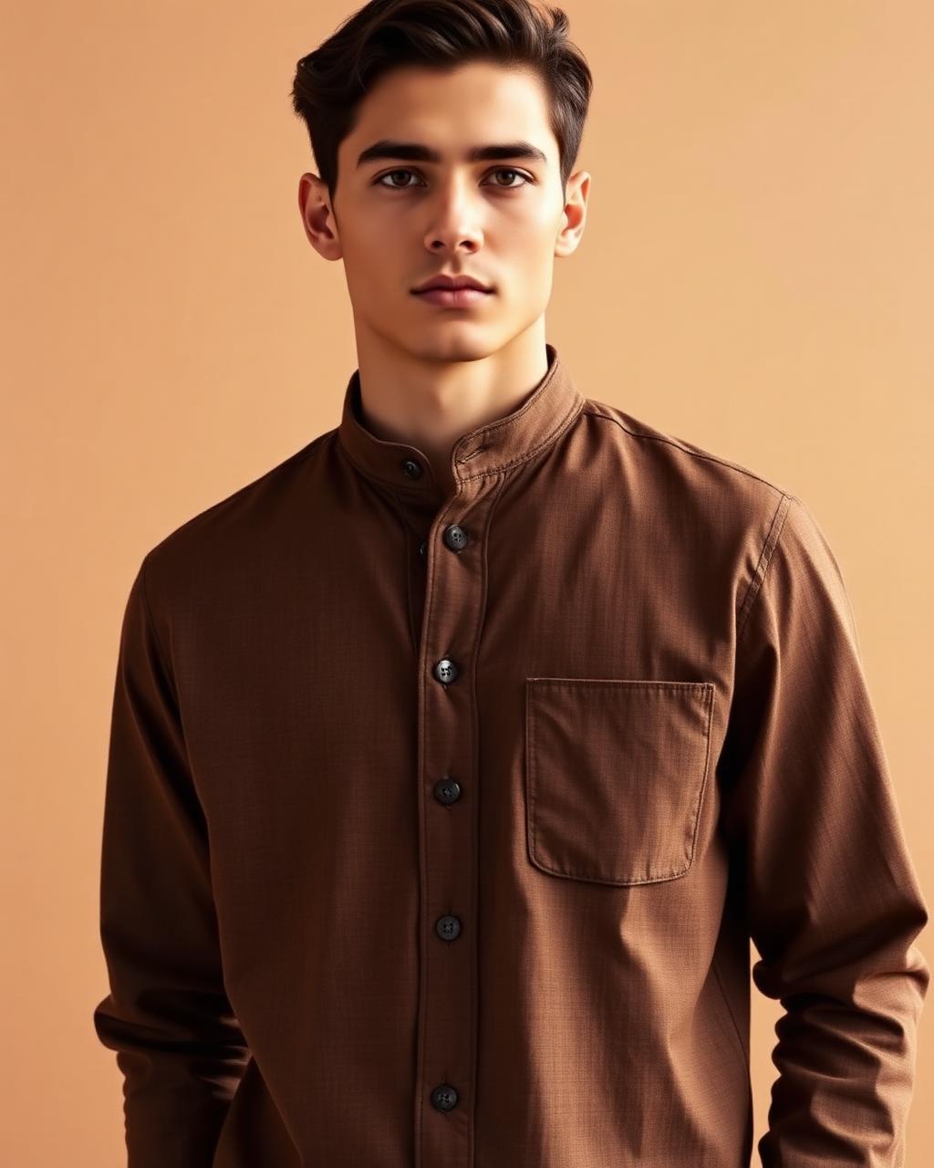 Coffee Half-Placket Shirt — Men — House · Z-VIBE LINEN HERITAGE SHIRTS™ seven-view specification plate; showing 01 Front, 02 Left, 03 Right, 04 Back, 05 Interior, 06 Inner tags, 07 Fabric detail. — 01 Front, Coffee Brown
