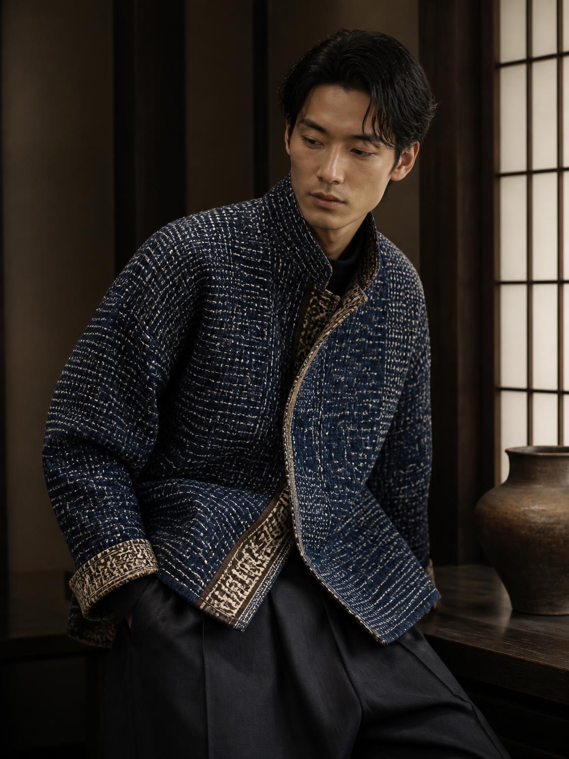 Japanese Collection cover — kimono silk, sashiko stitch and japanese indigo