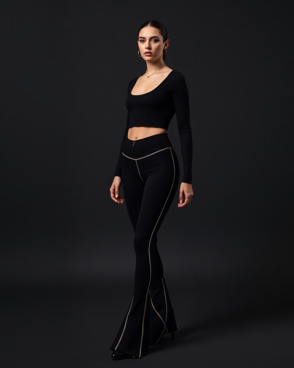 Contour Flare Legging — Women — House · Global Heritage Fusion seven-view specification plate; showing 01 Front, 02 Left, 03 Right, 04 Back, 05 Interior, 06 Inner tags, 07 Fabric detail. — 01 Front, Black / Ivory
