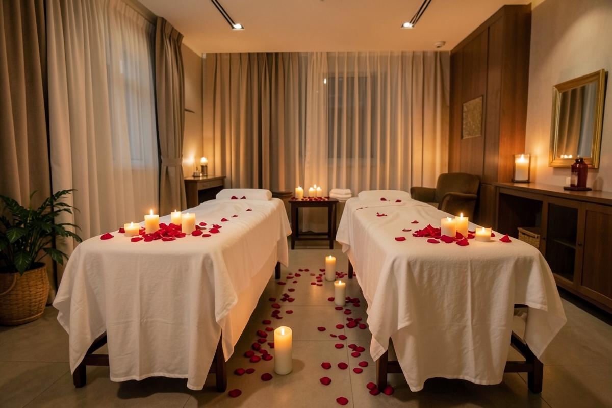Couples spa suite with two candlelit massage tables