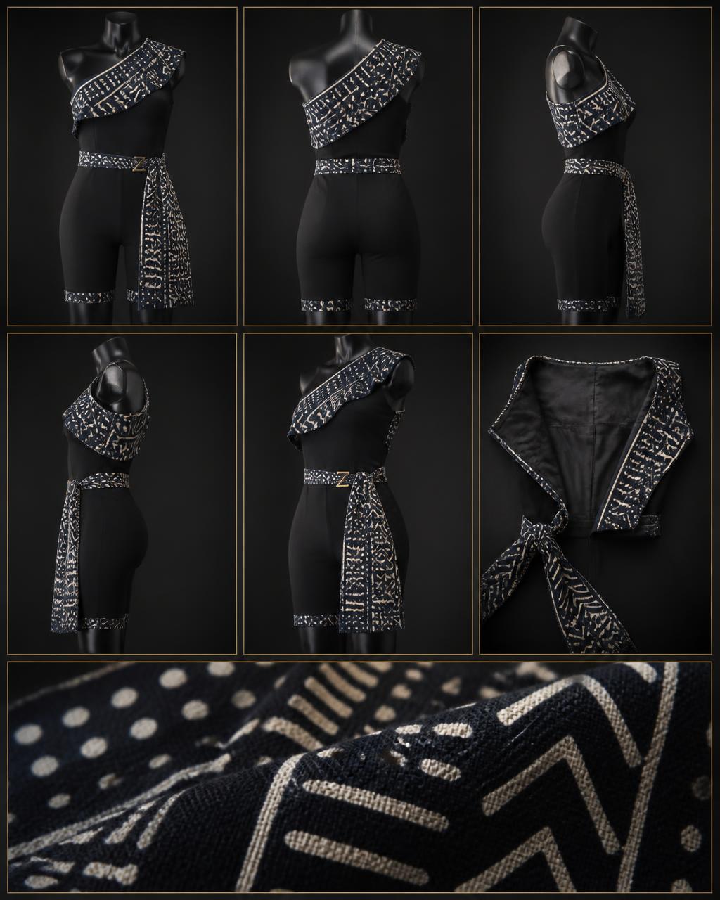 Courage Flow Set — Women — House · Global Heritage Fusion seven-view specification plate; showing 01 Front, 02 Left, 03 Right, 04 Back, 05 Interior, 06 Inner tags, 07 Fabric detail. — 01 Front, Noir / Indigo Bogolan