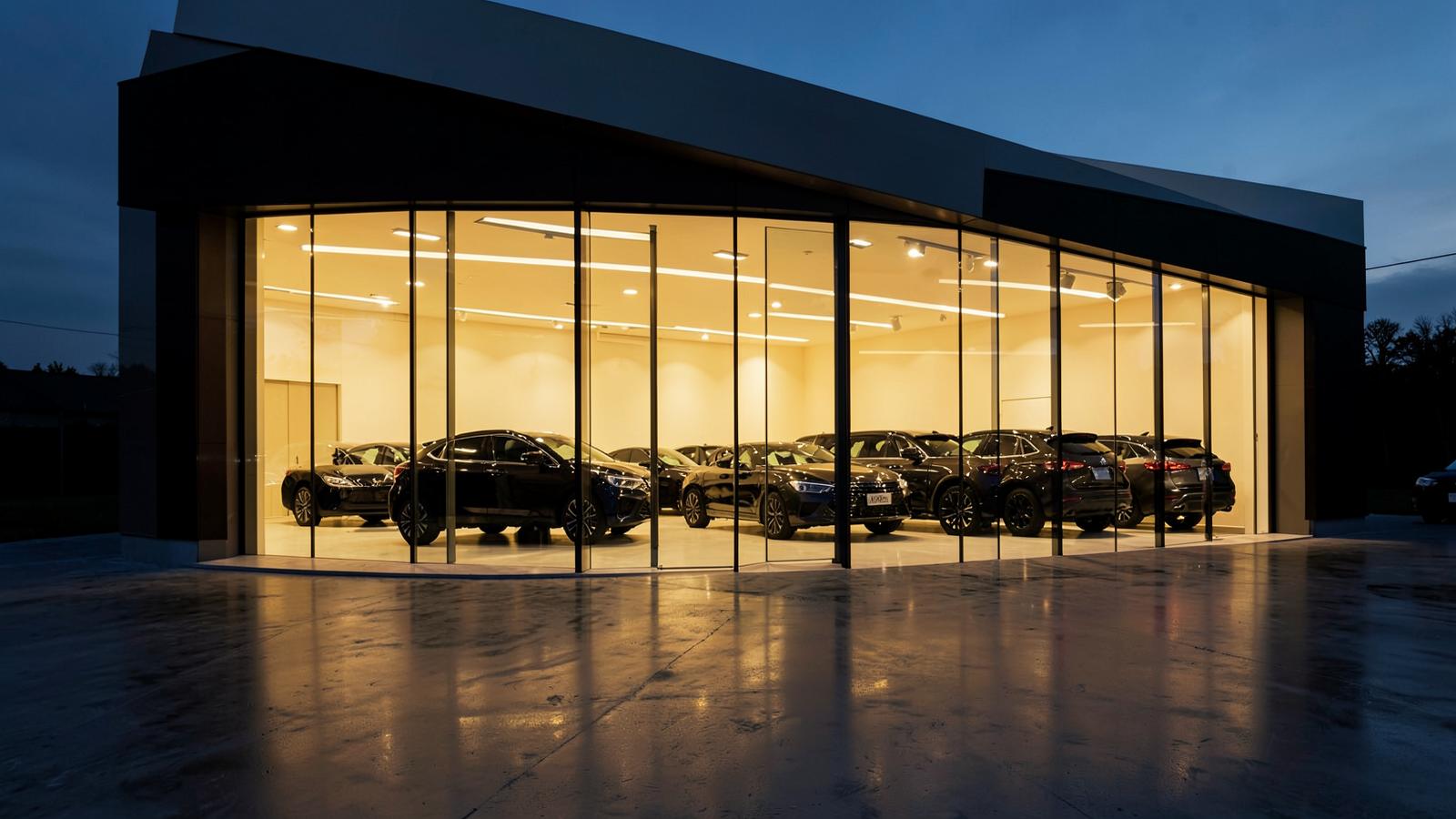 Aurum Motorworks glass showroom lit warm gold at dusk with dark cars inside