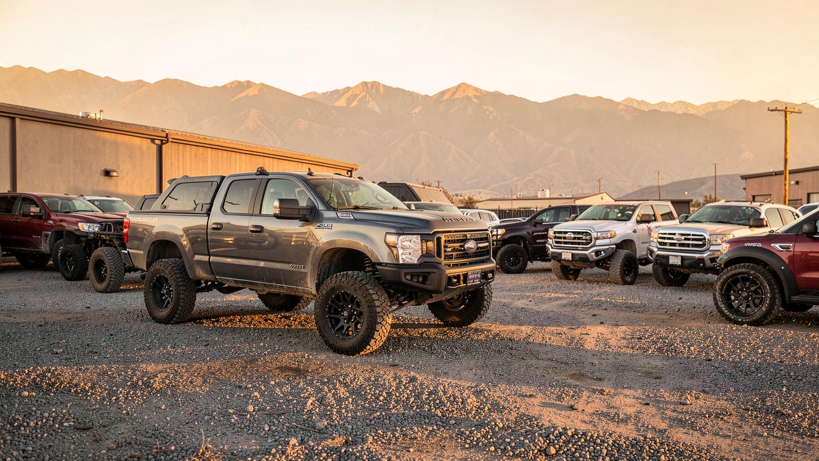 Heritage Trucks and Overland gravel yard at golden hour with lifted pickups and mountains behind