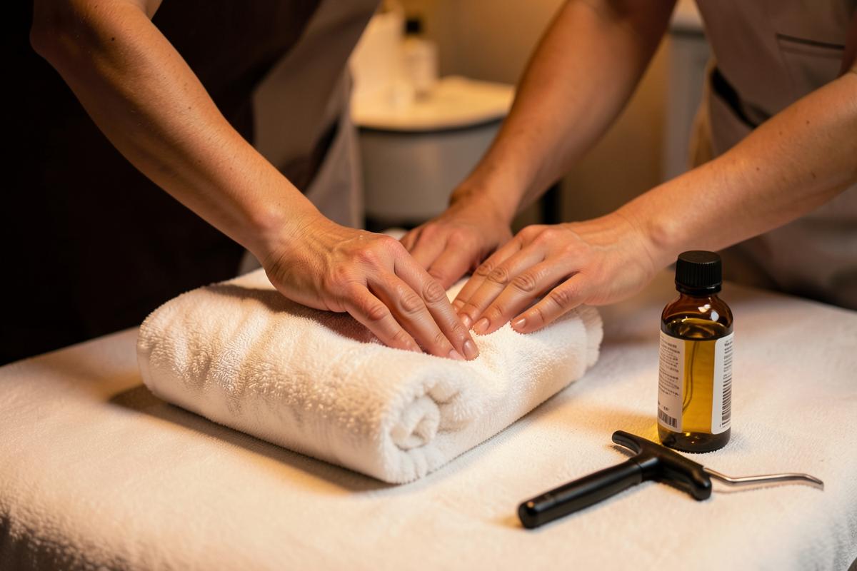 Massage oil and a recovery tool on a treatment table
