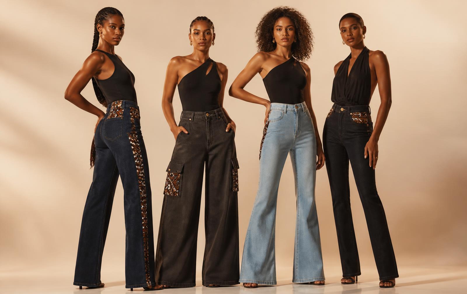 Four models in Zipper Vibe Denim Velocity jeans with Bogolan mudcloth insets on an ivory studio backdrop