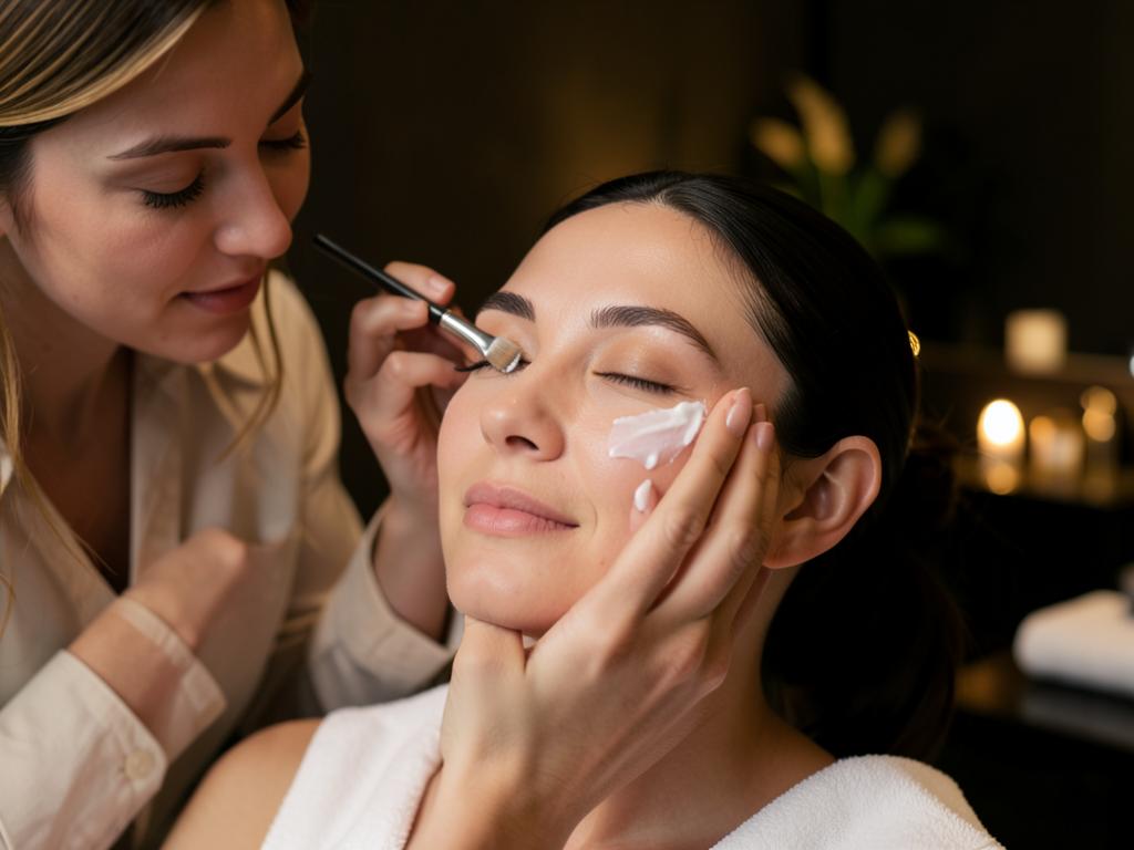 Esthetician smoothing a client's cheek during an exfoliation treatment
