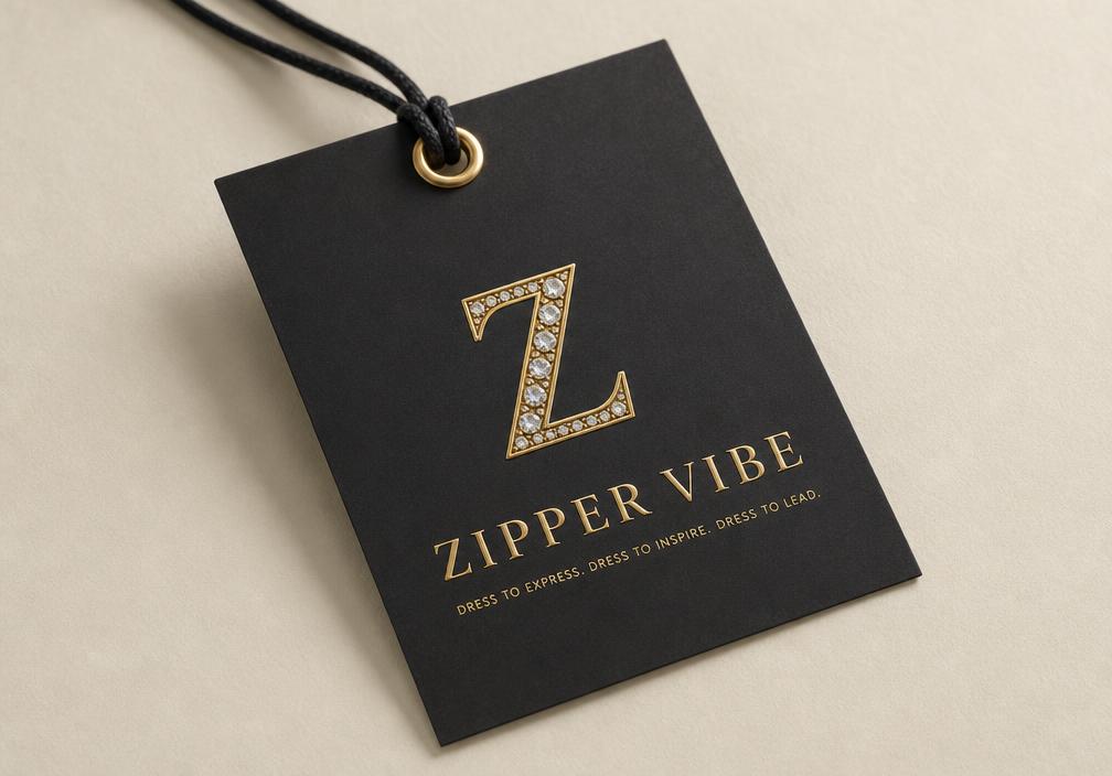 Matte black Zipper Vibe hangtag with a gold jeweled Z emblem and black cord