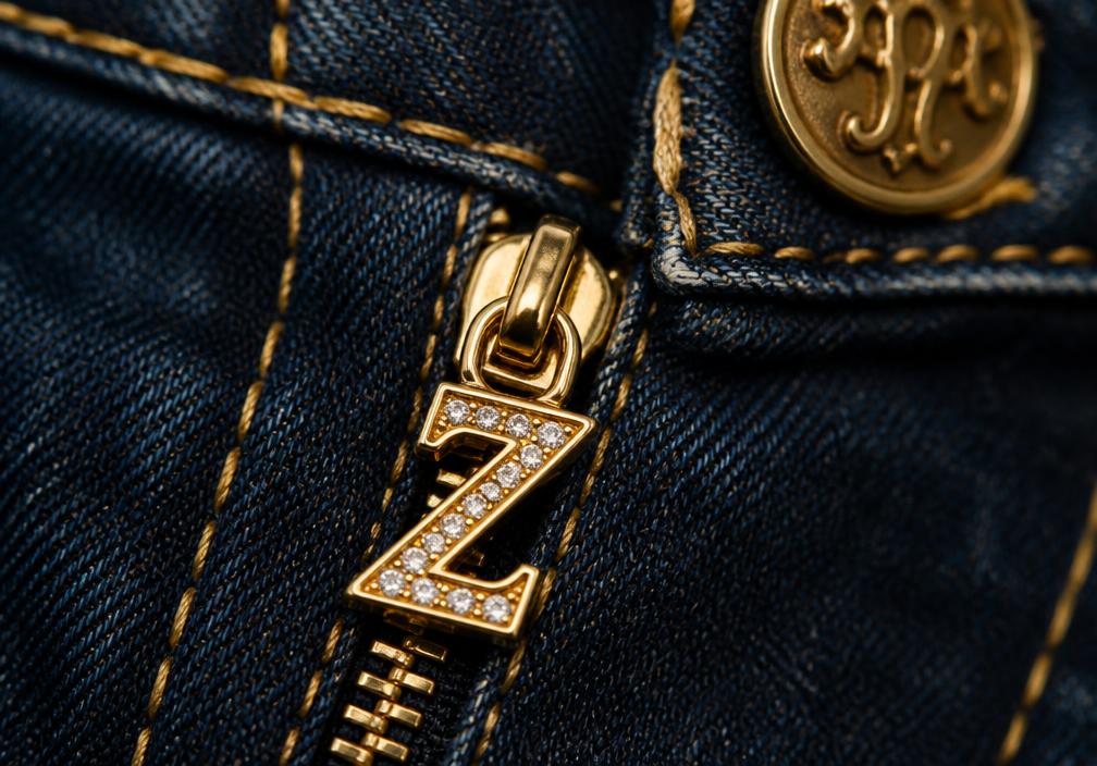 Macro view of the jeweled gold Z zipper pull on an indigo denim waistband