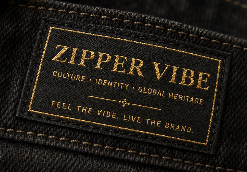 Black woven Zipper Vibe identity label with gold thread, stitched inside dark denim