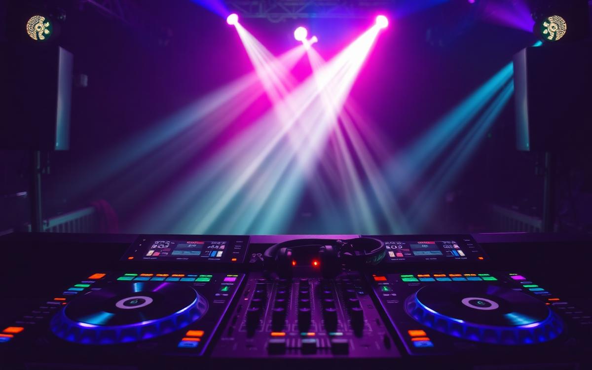 DJ booth with players and mixer under club lighting