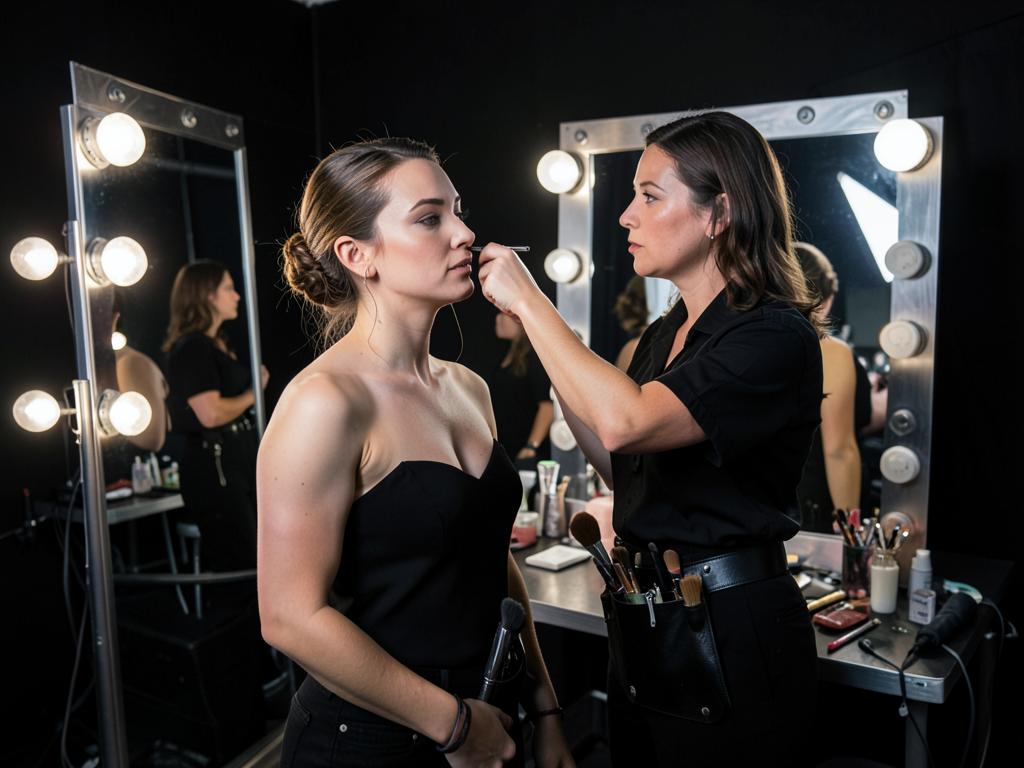Editorial makeup artist working backstage at a mirror lined with bulbs