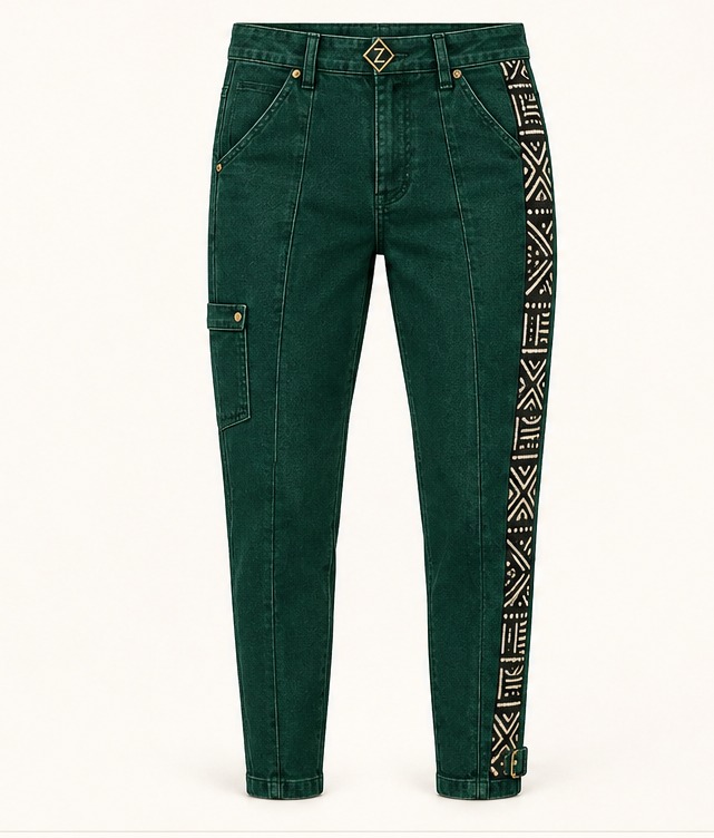 Emerald Axis Taper — Women · Denim seven-view specification plate; showing 01 Front, 02 Left, 03 Right, 04 Back, 05 Interior, 06 Inner tags, 07 Fabric detail.