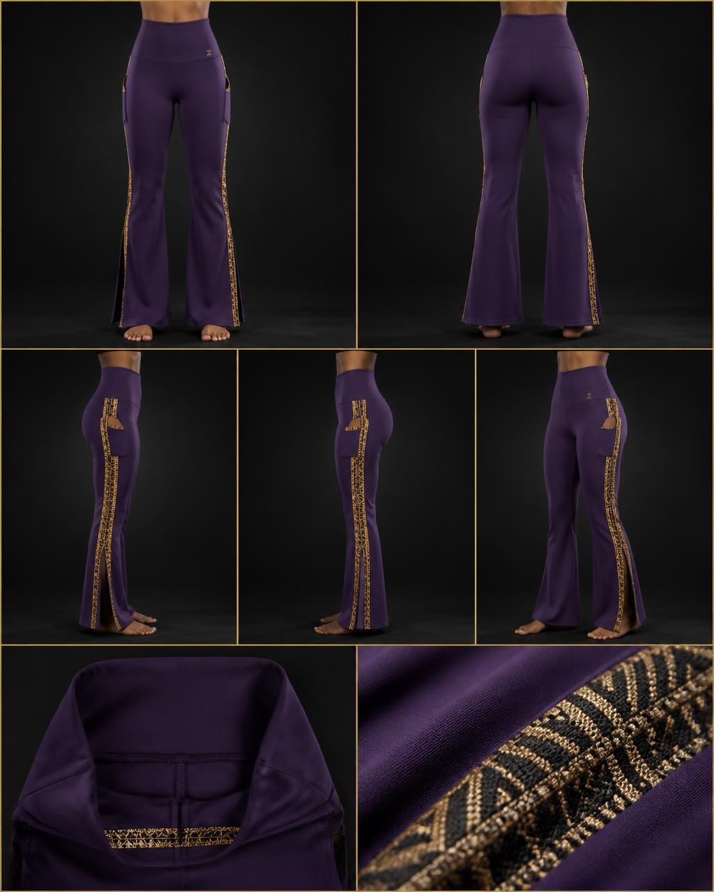 Empower Pocket Flare Legging — Women — House · Global Heritage Fusion seven-view specification plate; showing 01 Front, 02 Left, 03 Right, 04 Back, 05 Interior, 06 Inner tags, 07 Fabric detail. — 01 Front, Violet / Gold Bogolan
