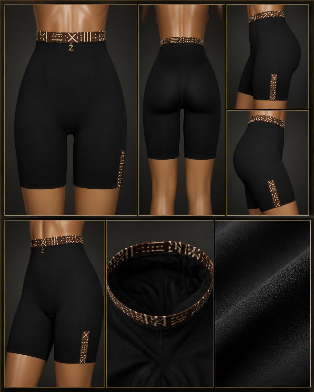 Empower Sculpt Short — Women — House · Global Heritage Fusion seven-view specification plate; showing 01 Front, 02 Left, 03 Right, 04 Back, 05 Interior, 06 Inner tags, 07 Fabric detail. — 01 Front, Noir / Cocoa Bogolan