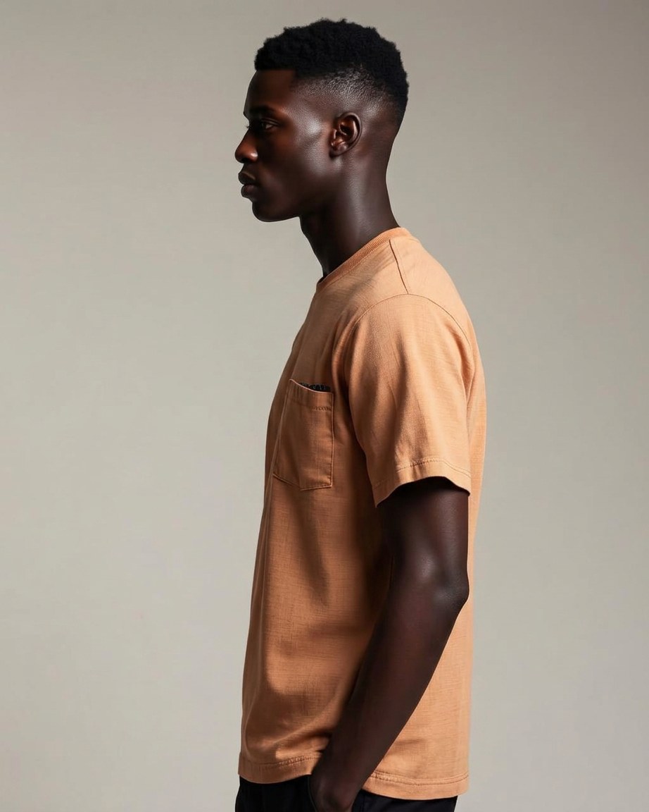 Ethnic Pocket Tee — Men, 02 Left (view 2 of 7). Left profile: shoulder line, sleeve fall and the outer seam trim.