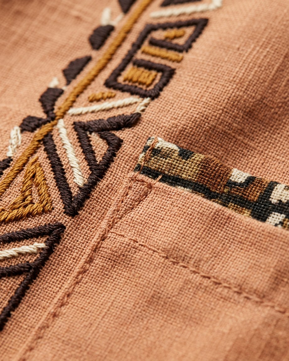 Ethnic Pocket Tee — Men, 07 Fabric detail (view 7 of 7). Fabric detail: close study of the cloth, hand-printed mudcloth motif and stitching.