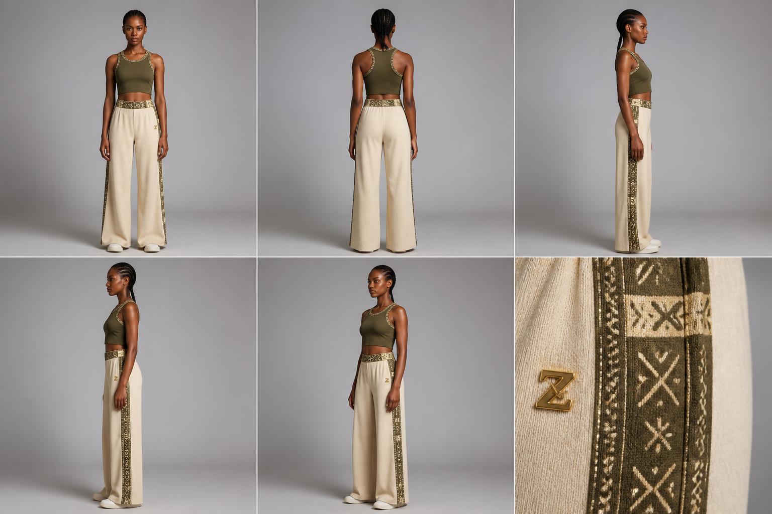 Flourish Wide-Leg Active Set — Women — House · Global Heritage Fusion seven-view specification plate; showing 01 Front, 02 Left, 03 Right, 04 Back, 05 Interior, 06 Inner tags, 07 Fabric detail. — 01 Front, Olive / Cream