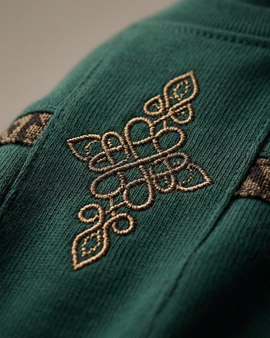 Forest Spirit Tee — Men, 07 Fabric detail (view 7 of 7). Fabric detail: close study of the cloth, hand-printed mudcloth motif and stitching.
