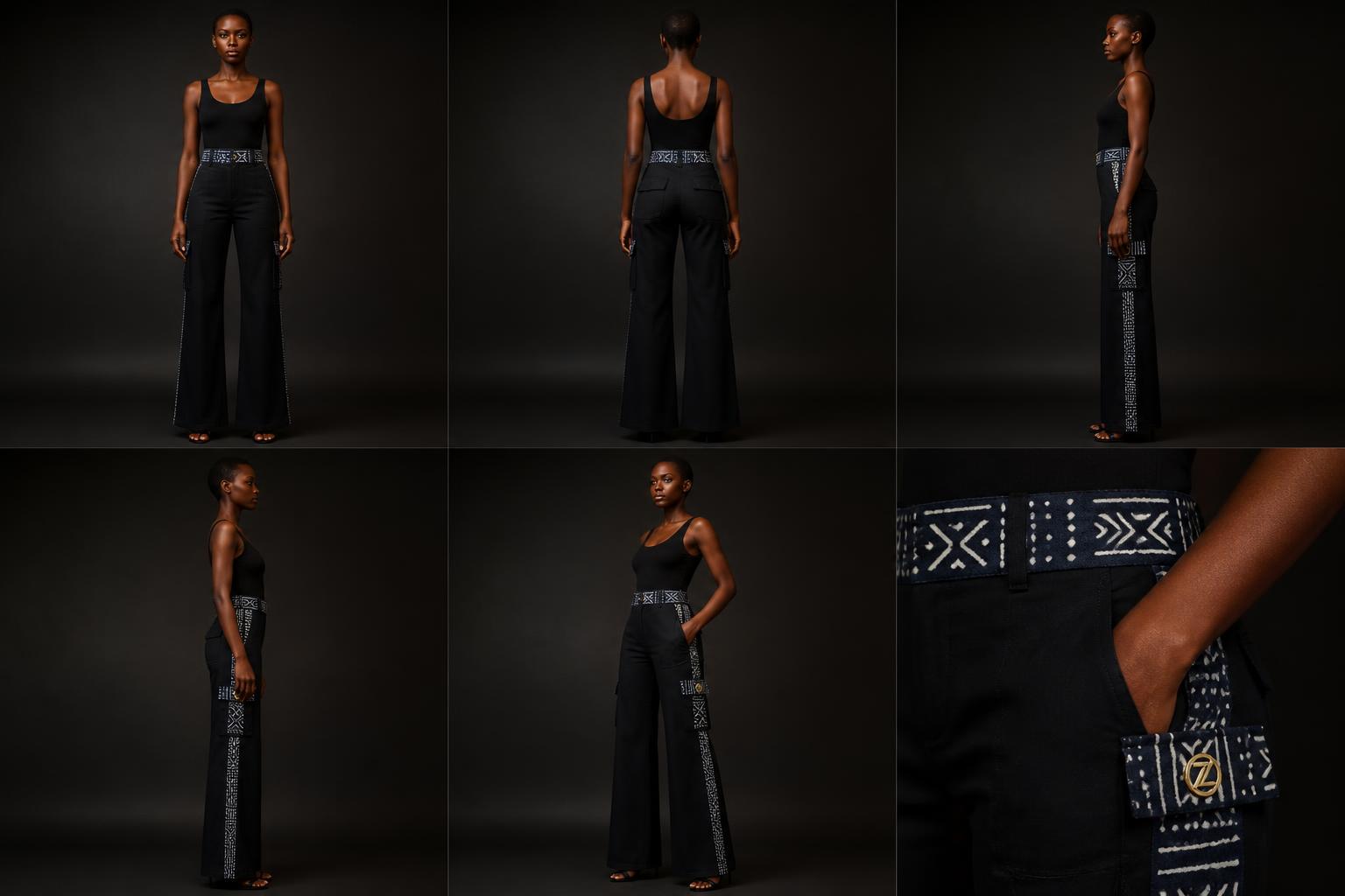 Forward Utility Flare Pant — Women — House · Global Heritage Fusion seven-view specification plate; showing 01 Front, 02 Left, 03 Right, 04 Back, 05 Interior, 06 Inner tags, 07 Fabric detail. — 01 Front, Noir / Indigo Bogolan