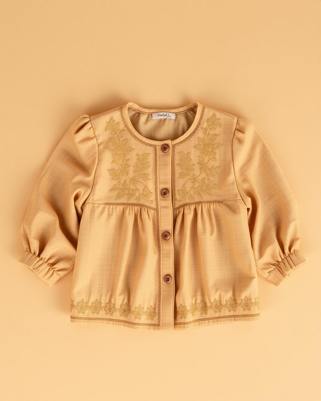 Honey Gold — Girls — House · Z-Vibe Children Linen Heritage™ seven-view specification plate; showing 01 Front, 02 Left, 03 Right, 04 Back, 05 Interior, 06 Inner tags, 07 Fabric detail. — 01 Front, Honey Gold