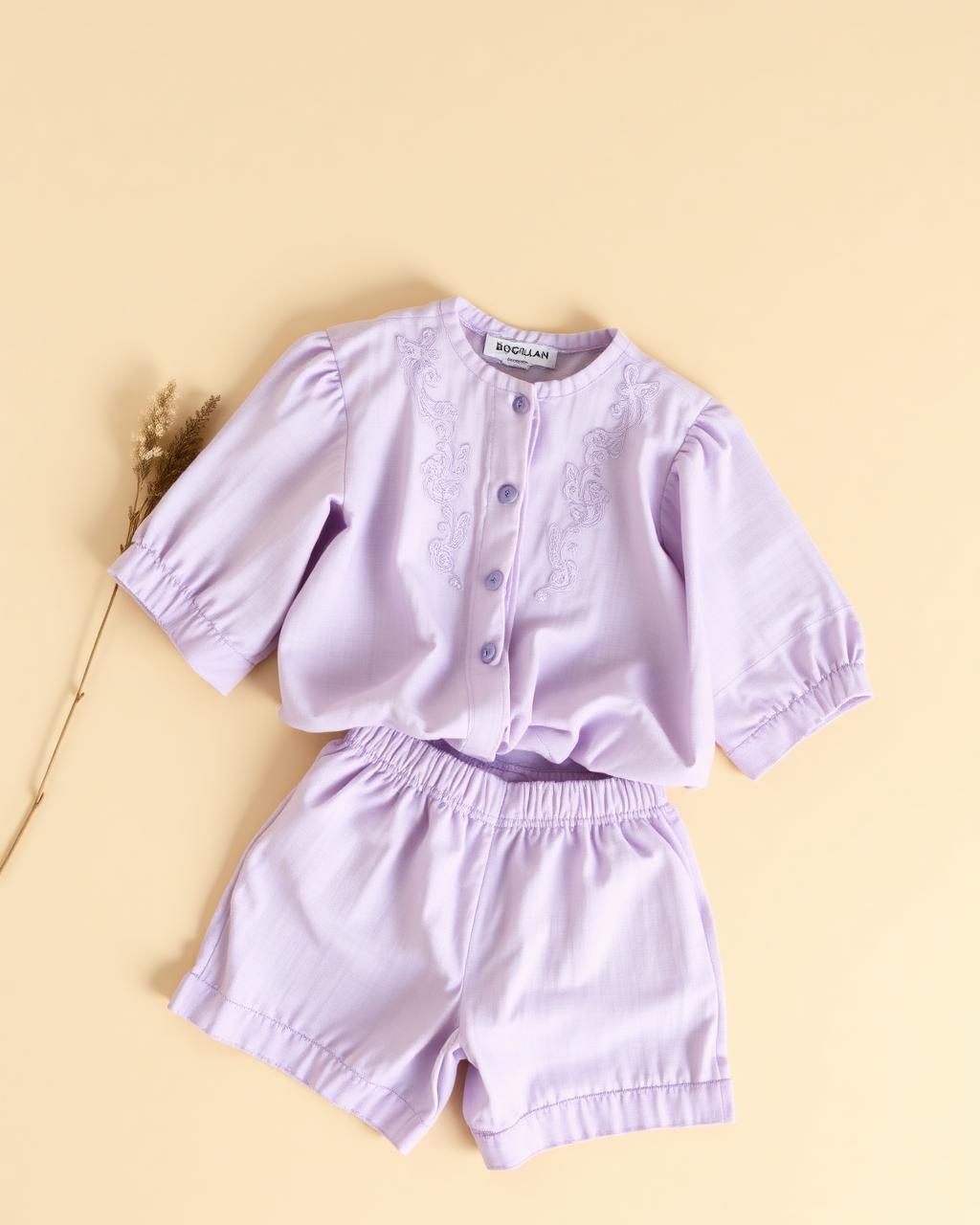 Lavender Grace — Girls — House · Z-Vibe Children Linen Heritage™ seven-view specification plate; showing 01 Front, 02 Left, 03 Right, 04 Back, 05 Interior, 06 Inner tags, 07 Fabric detail. — 01 Front, Lavender