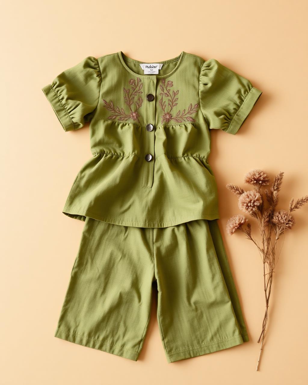 Moss Charm — Girls — House · Z-Vibe Children Linen Heritage™ seven-view specification plate; showing 01 Front, 02 Left, 03 Right, 04 Back, 05 Interior, 06 Inner tags, 07 Fabric detail. — 01 Front, Moss Green