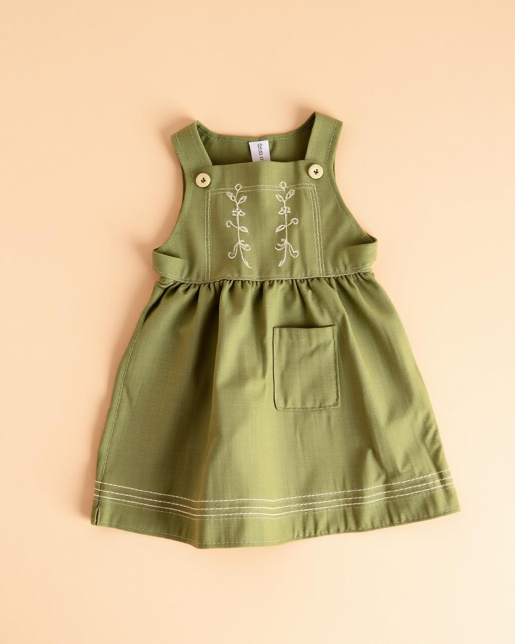 Olive Melody — Girls — House · Z-Vibe Children Linen Heritage™ seven-view specification plate; showing 01 Front, 02 Left, 03 Right, 04 Back, 05 Interior, 06 Inner tags, 07 Fabric detail. — 01 Front, Olive