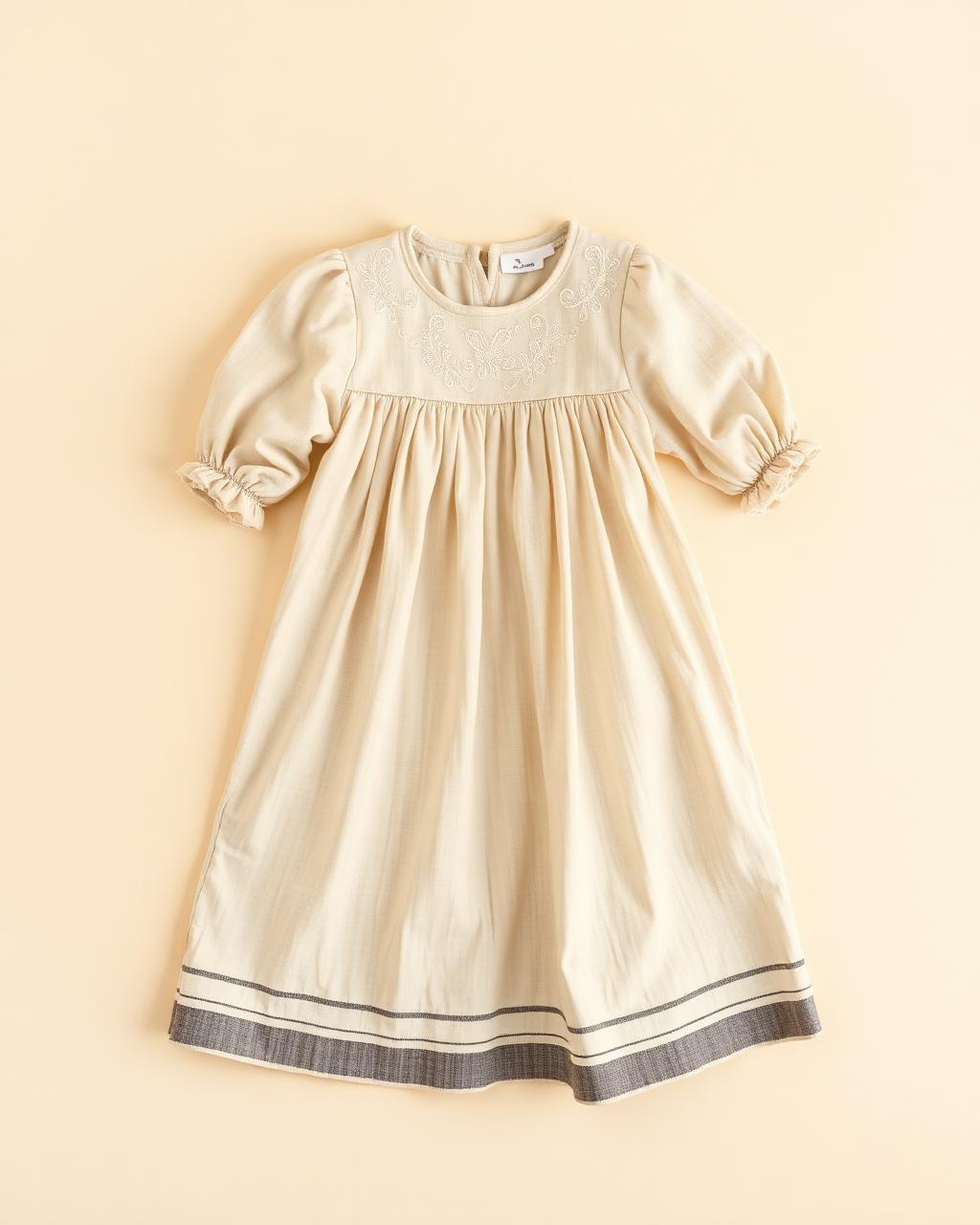 Sahara Bloom — Girls — House · Z-Vibe Children Linen Heritage™ seven-view specification plate; showing 01 Front, 02 Left, 03 Right, 04 Back, 05 Interior, 06 Inner tags, 07 Fabric detail. — 01 Front, Desert Sand