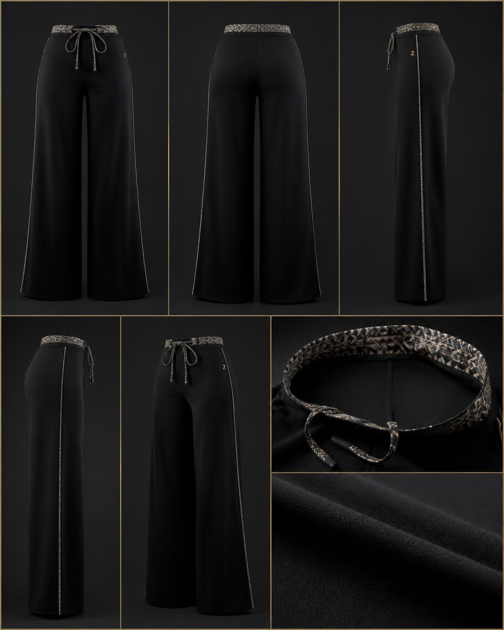 Grace Momentum Pant — Women — House · Global Heritage Fusion seven-view specification plate; showing 01 Front, 02 Left, 03 Right, 04 Back, 05 Interior, 06 Inner tags, 07 Fabric detail. — 01 Front, Noir / Slate Bogolan