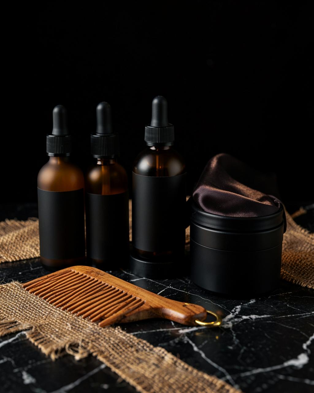 Unbranded luxury hair-care bottles, wooden comb and satin bonnet on dark marble