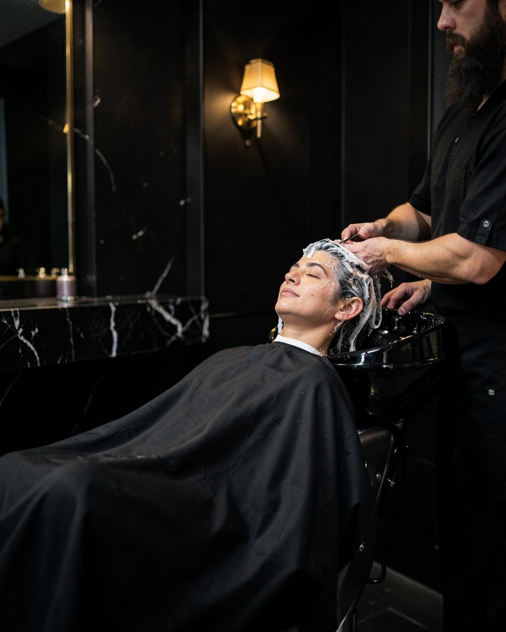 Client in a salon cape receiving a shampoo at a backwash basin