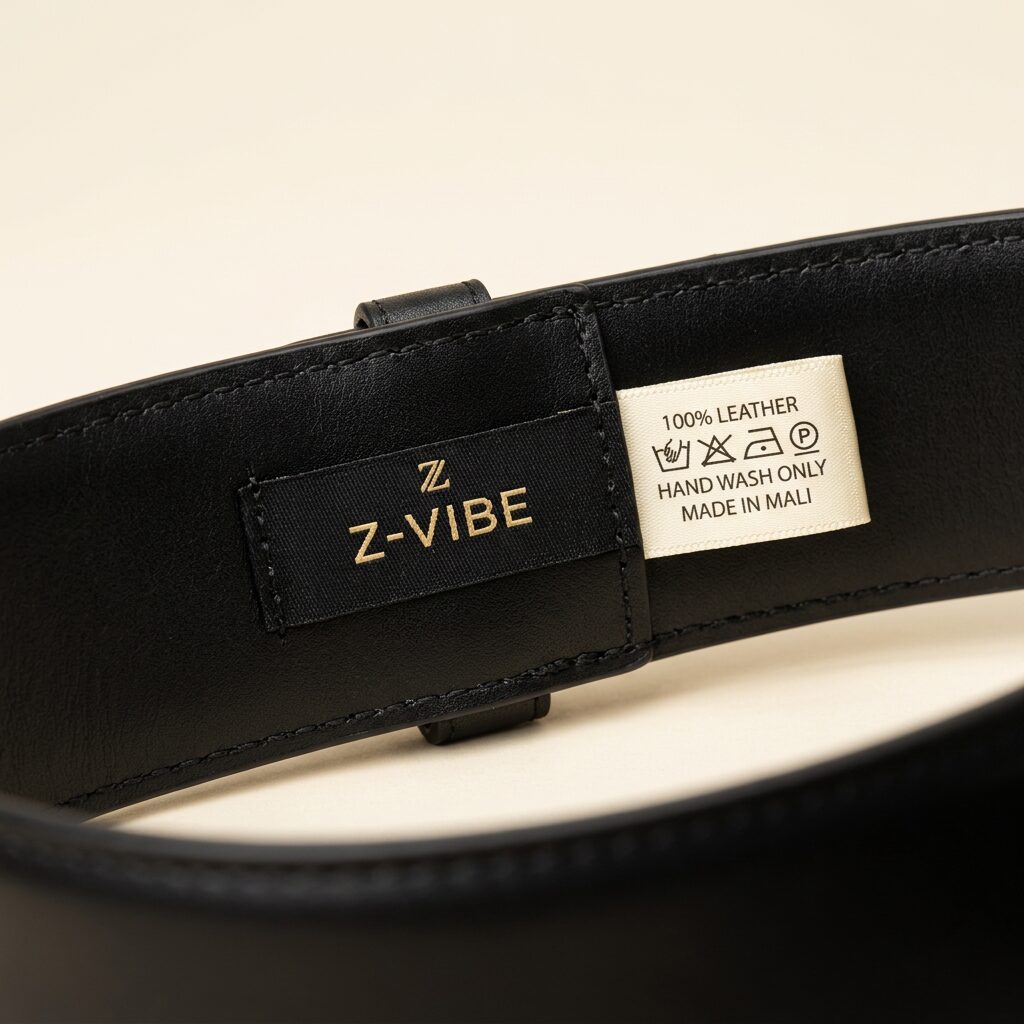 Z Emblem Leather Belt — Men, 06 Inner tags (view 6 of 7). Hardware and label: closure mechanism, atelier reference and care instructions.